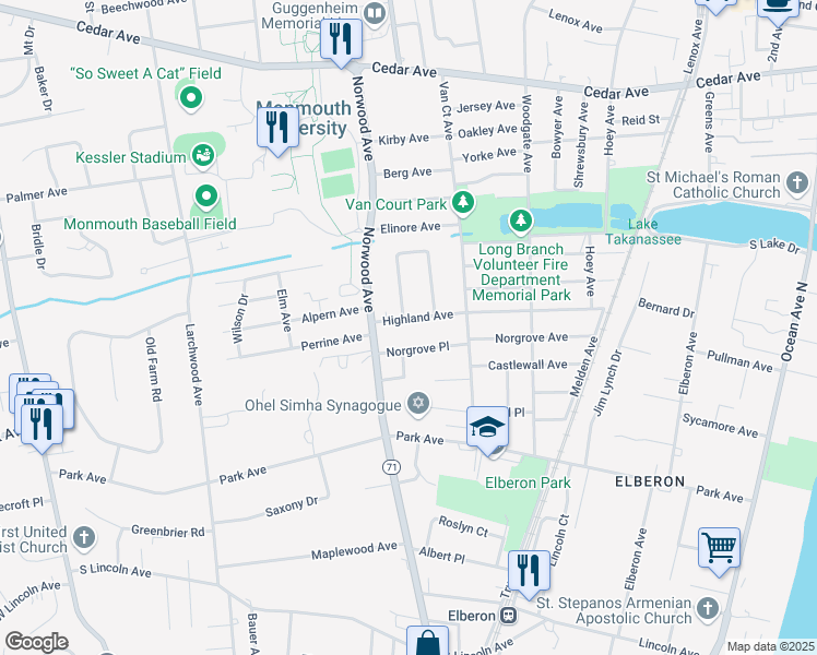 map of restaurants, bars, coffee shops, grocery stores, and more near 301 Norgrove Place in Long Branch