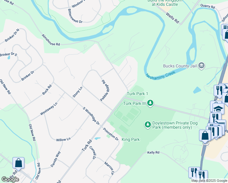 map of restaurants, bars, coffee shops, grocery stores, and more near 254 Pebble Ridge Road in Warrington
