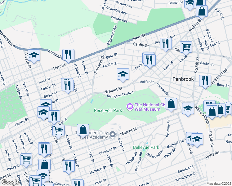 map of restaurants, bars, coffee shops, grocery stores, and more near 2111 Rivington Terrace in Harrisburg