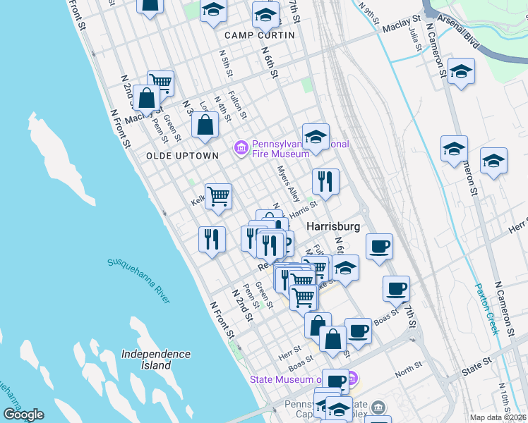 map of restaurants, bars, coffee shops, grocery stores, and more near 1619 North 3rd Street in Harrisburg
