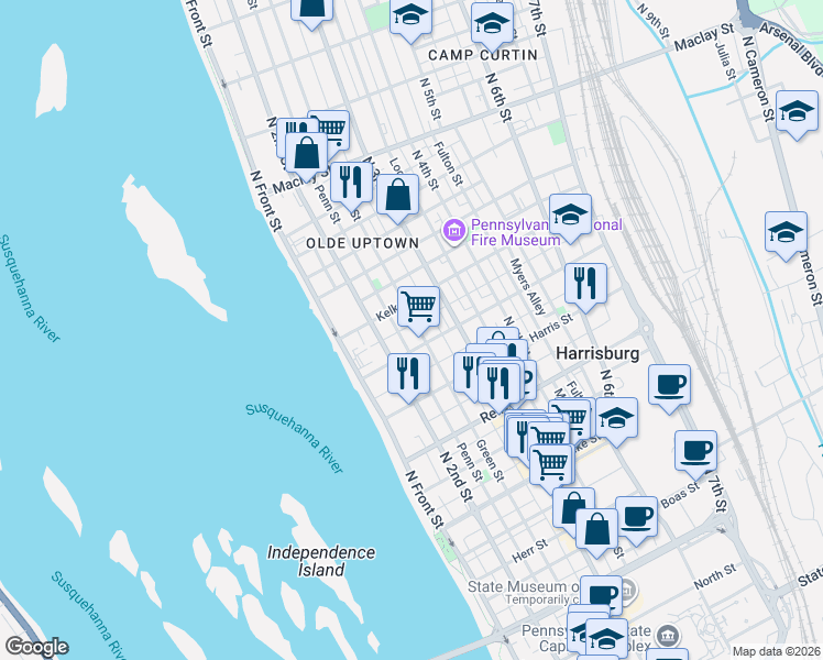 map of restaurants, bars, coffee shops, grocery stores, and more near 1704 Penn Street in Harrisburg