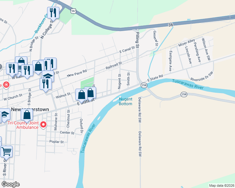 map of restaurants, bars, coffee shops, grocery stores, and more near in Newcomerstown