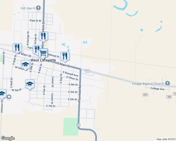 map of restaurants, bars, coffee shops, grocery stores, and more near 631 East Main Street in West Lafayette