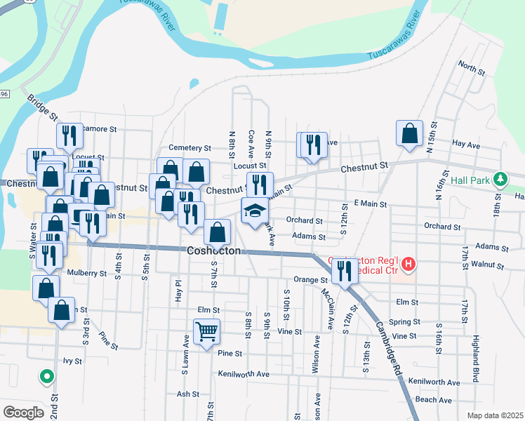map of restaurants, bars, coffee shops, grocery stores, and more near 131 Park Avenue in Coshocton