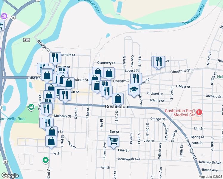 map of restaurants, bars, coffee shops, grocery stores, and more near 618 Main Street in Coshocton