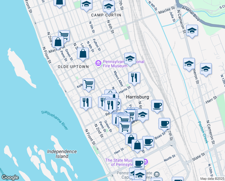 map of restaurants, bars, coffee shops, grocery stores, and more near 1620 North 4th Street in Harrisburg
