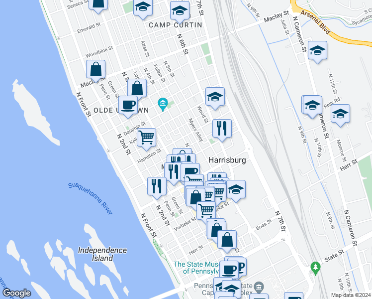map of restaurants, bars, coffee shops, grocery stores, and more near 1620 North 4th Street in Harrisburg