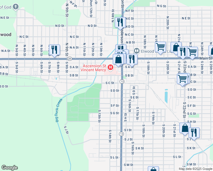 map of restaurants, bars, coffee shops, grocery stores, and more near 1302 South D Street in Elwood