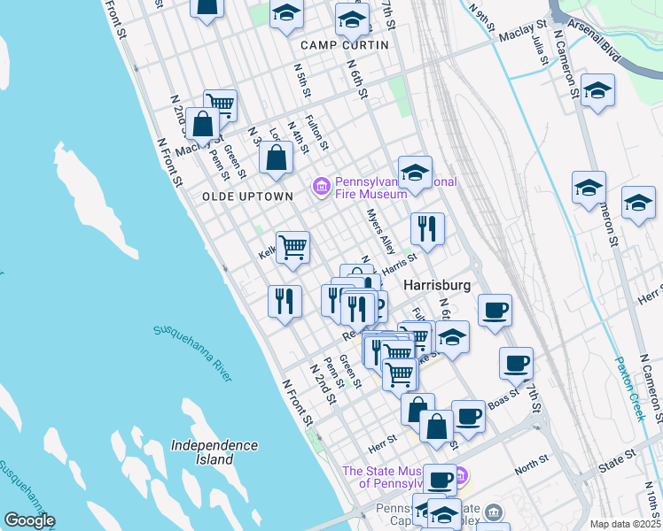 map of restaurants, bars, coffee shops, grocery stores, and more near 1635 North 3rd Street in Harrisburg