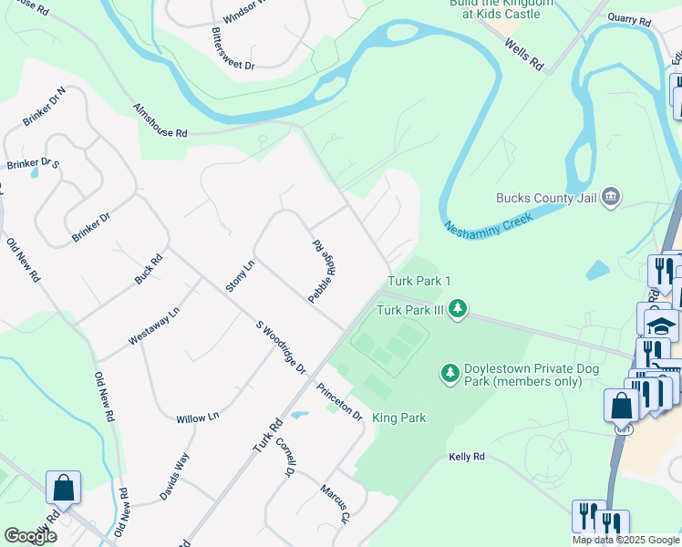 map of restaurants, bars, coffee shops, grocery stores, and more near 254 Pebble Ridge Road in Warrington