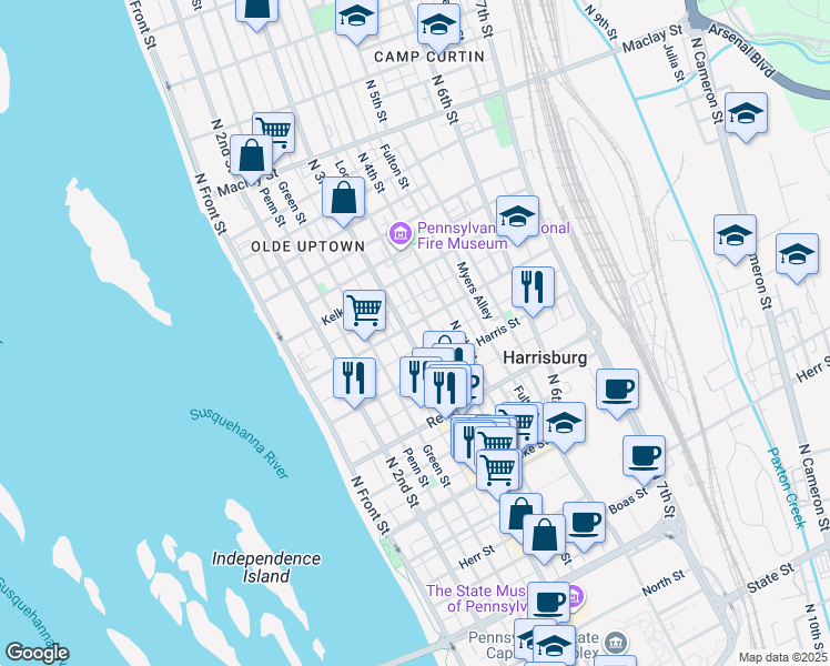 map of restaurants, bars, coffee shops, grocery stores, and more near 1635 North 3rd Street in Harrisburg