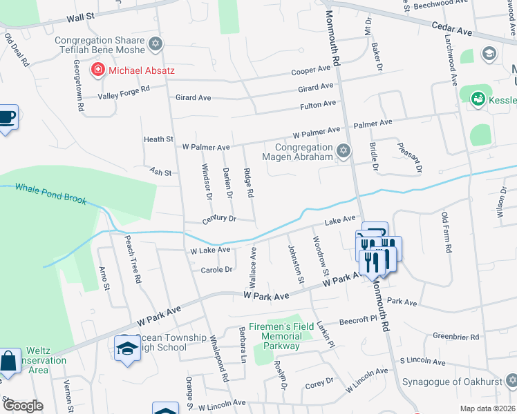 map of restaurants, bars, coffee shops, grocery stores, and more near 1 Ridge Road in West Long Branch