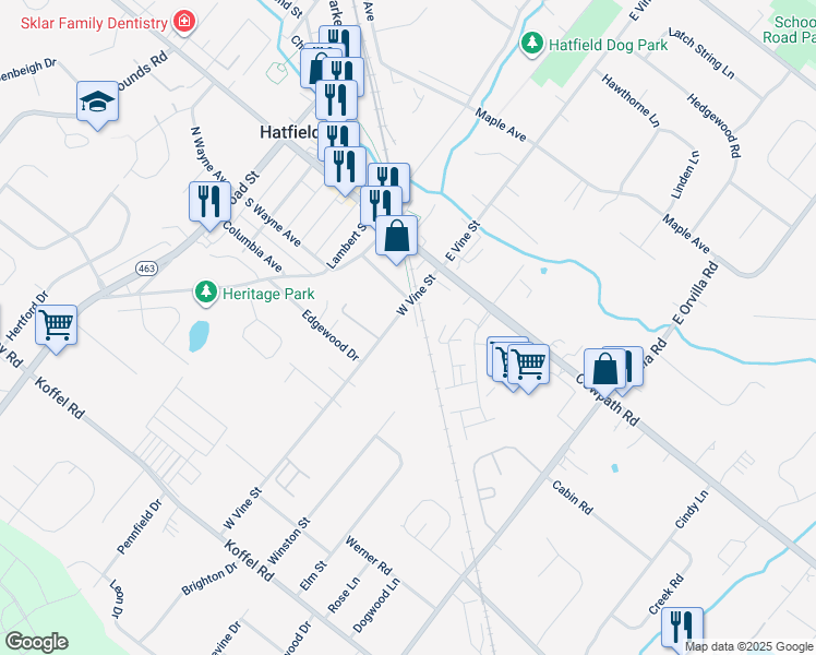 map of restaurants, bars, coffee shops, grocery stores, and more near 72 West Vine Street in Hatfield