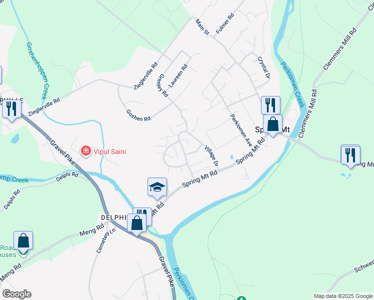 map of restaurants, bars, coffee shops, grocery stores, and more near 46 Village Dr in Schwenksville