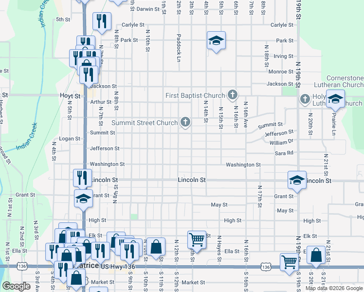 map of restaurants, bars, coffee shops, grocery stores, and more near 722 North 12th Street in Beatrice