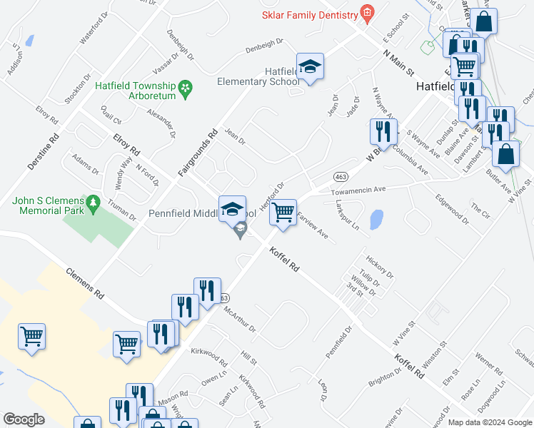 map of restaurants, bars, coffee shops, grocery stores, and more near 775 Hertford Drive in Hatfield