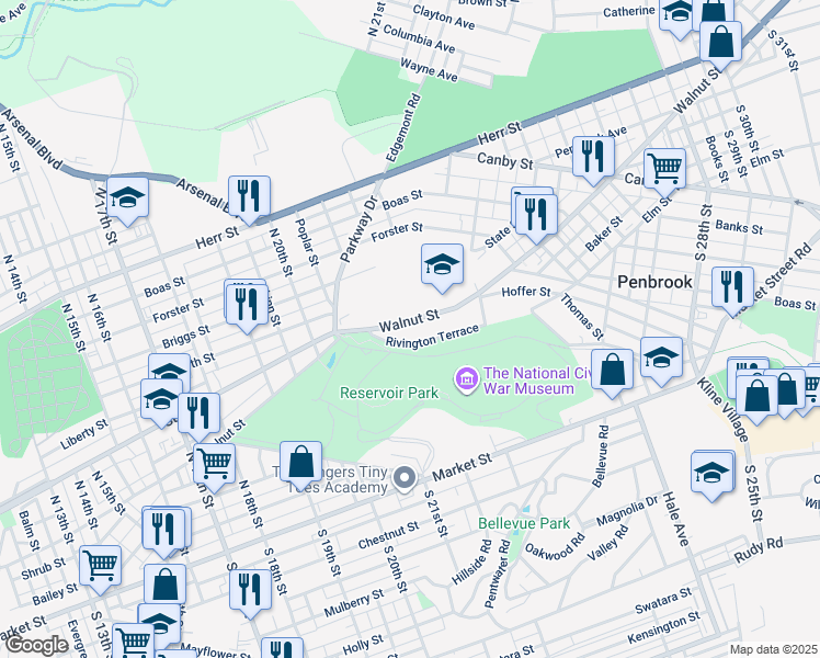 map of restaurants, bars, coffee shops, grocery stores, and more near 2111 Walnut Street in Harrisburg
