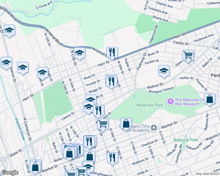 map of restaurants, bars, coffee shops, grocery stores, and more near 702 North 19th Street in Harrisburg