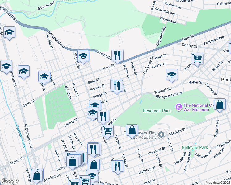 map of restaurants, bars, coffee shops, grocery stores, and more near 702 North 19th Street in Harrisburg
