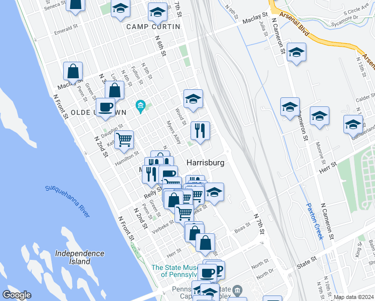 map of restaurants, bars, coffee shops, grocery stores, and more near 1540 North 5th Street in Harrisburg