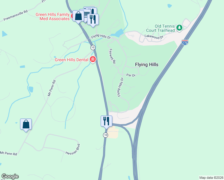 map of restaurants, bars, coffee shops, grocery stores, and more near 46 Muirfield Drive in Reading