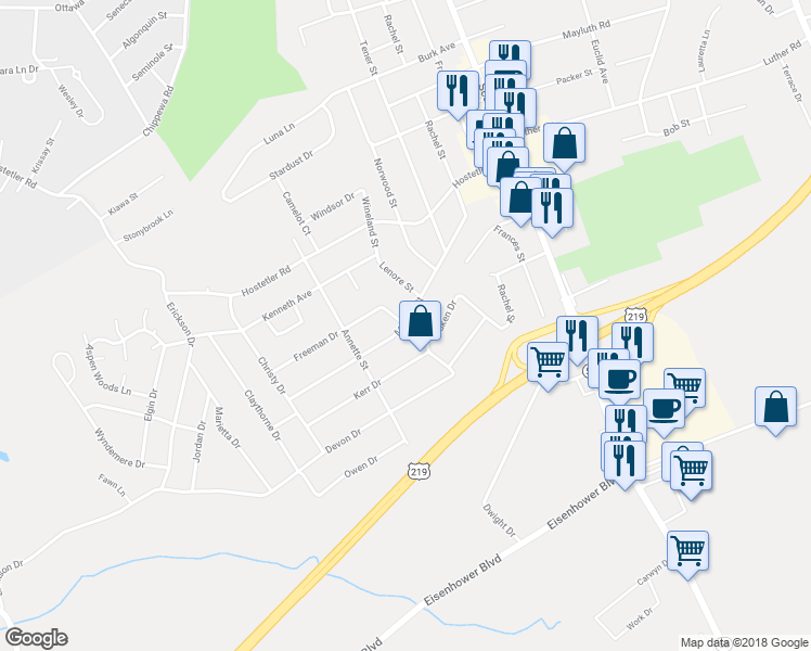 map of restaurants, bars, coffee shops, grocery stores, and more near 199 Metzler Street in Johnstown