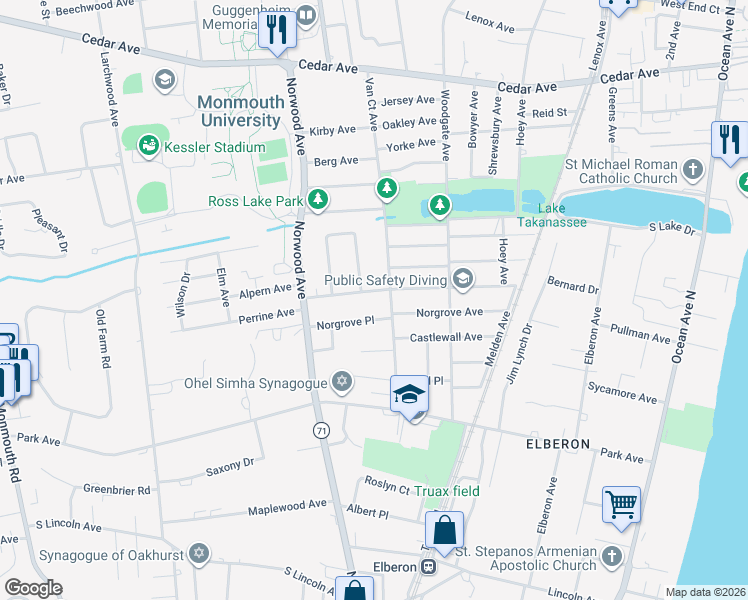 map of restaurants, bars, coffee shops, grocery stores, and more near 275 Norgrove Place in Long Branch