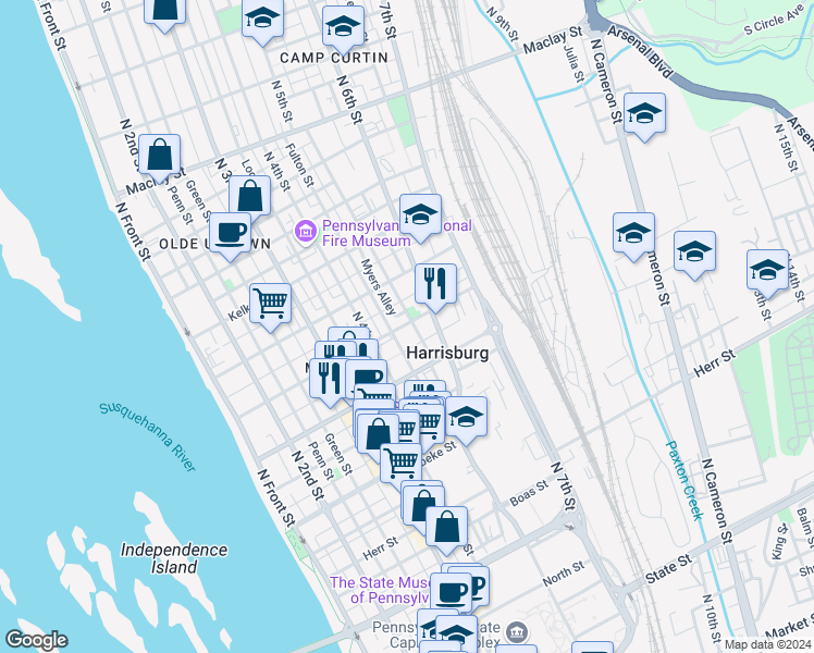 map of restaurants, bars, coffee shops, grocery stores, and more near 1533 Fulton Street in Harrisburg