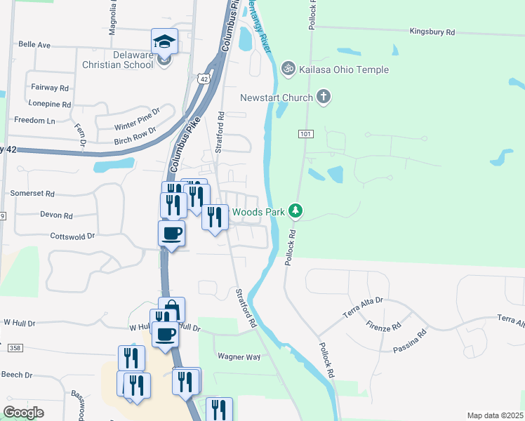 map of restaurants, bars, coffee shops, grocery stores, and more near 1409 Wabash Avenue in Delaware