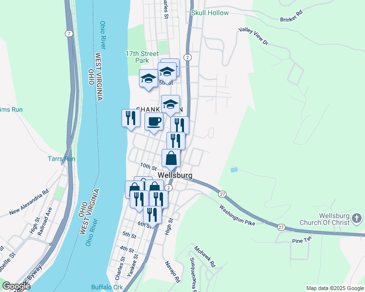 map of restaurants, bars, coffee shops, grocery stores, and more near 1200 Commerce Street in Wellsburg