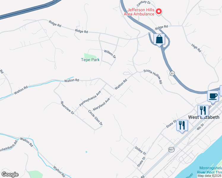 map of restaurants, bars, coffee shops, grocery stores, and more near 6008 Walton Road in Finleyville