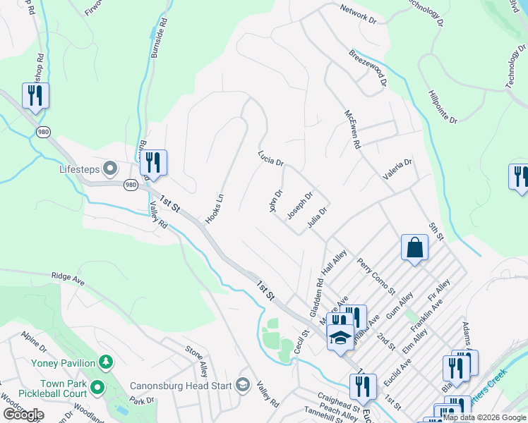 map of restaurants, bars, coffee shops, grocery stores, and more near 125 John Drive in Canonsburg