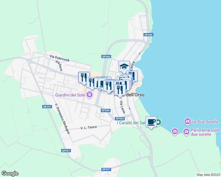 map of restaurants, bars, coffee shops, grocery stores, and more near Via Pergolesi in Torre Dell'Orso