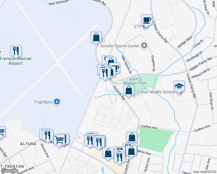 map of restaurants, bars, coffee shops, grocery stores, and more near 97 Kyle Way in Ewing Township