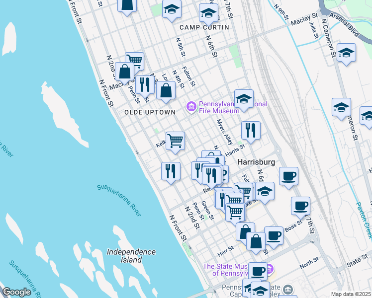 map of restaurants, bars, coffee shops, grocery stores, and more near in Harrisburg