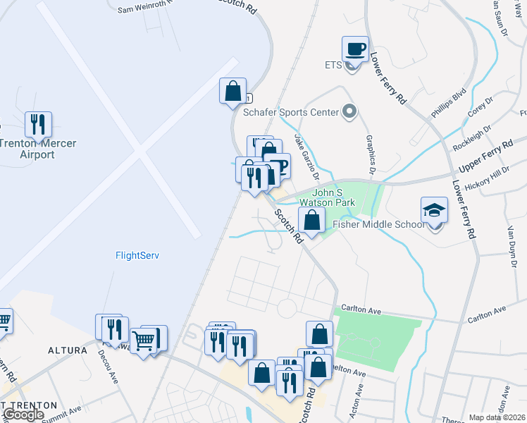 map of restaurants, bars, coffee shops, grocery stores, and more near 91 Kyle Way in Ewing Township