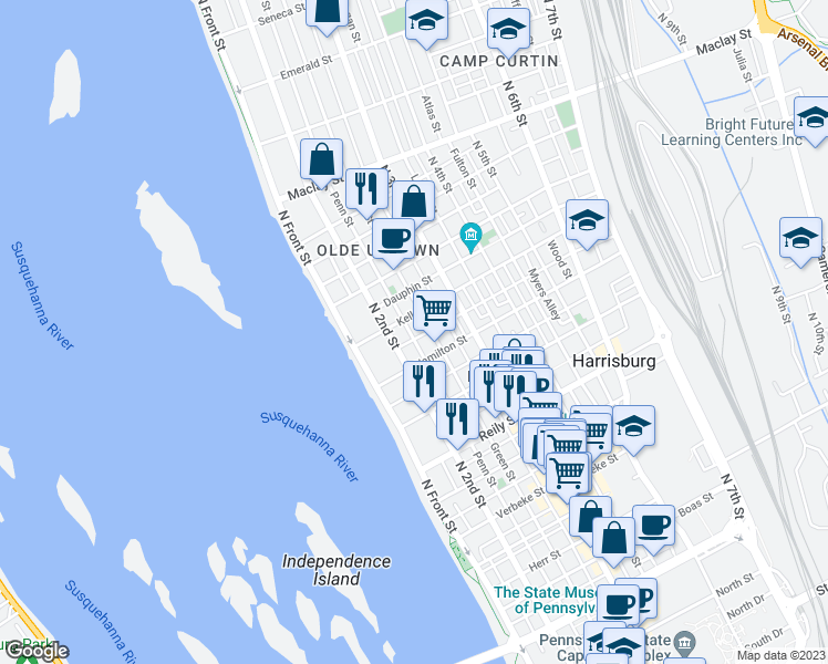 map of restaurants, bars, coffee shops, grocery stores, and more near 1723 Penn Street in Harrisburg