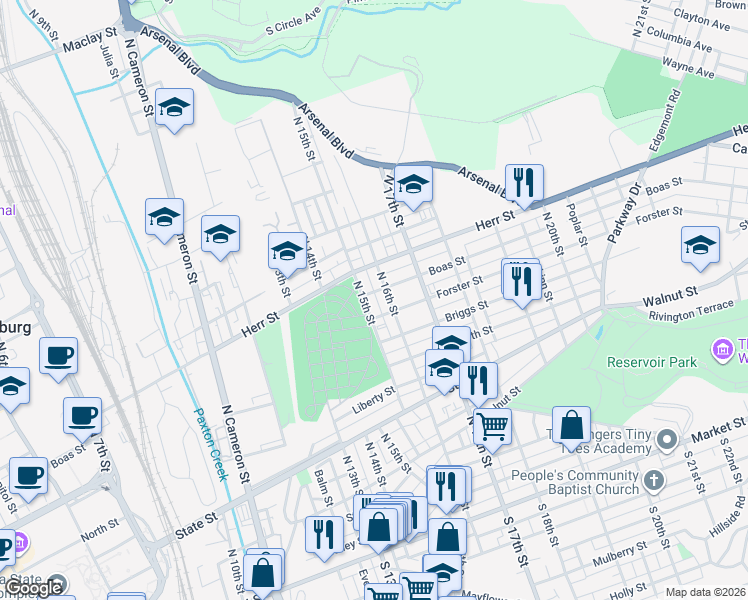 map of restaurants, bars, coffee shops, grocery stores, and more near 901 North 15th Street in Harrisburg