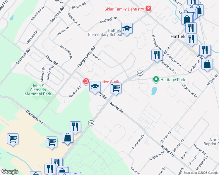 map of restaurants, bars, coffee shops, grocery stores, and more near 900 Forty Foot Road in Hatfield