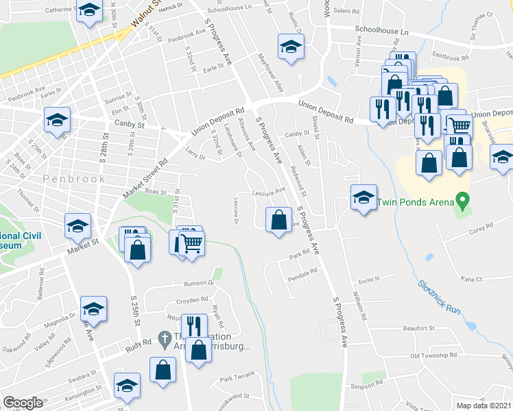 map of restaurants, bars, coffee shops, grocery stores, and more near 609 Sandra Avenue in Harrisburg