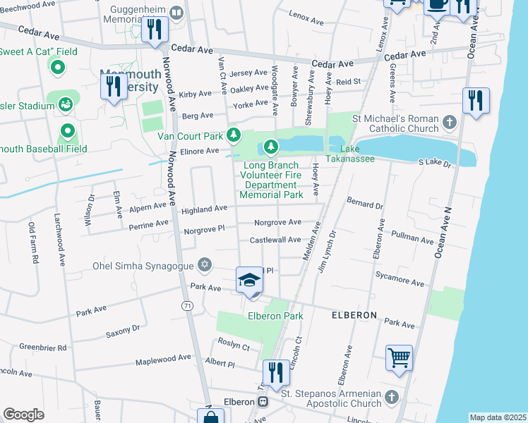 map of restaurants, bars, coffee shops, grocery stores, and more near 264 Norgrove Avenue in Long Branch