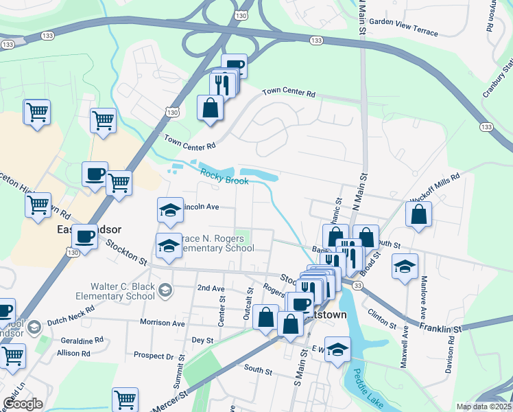 map of restaurants, bars, coffee shops, grocery stores, and more near 209 Greeley Street in Hightstown