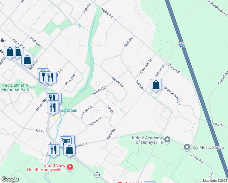 map of restaurants, bars, coffee shops, grocery stores, and more near 322 Manor Road in Harleysville