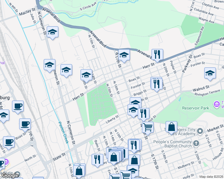 map of restaurants, bars, coffee shops, grocery stores, and more near 901 North 15th Street in Harrisburg
