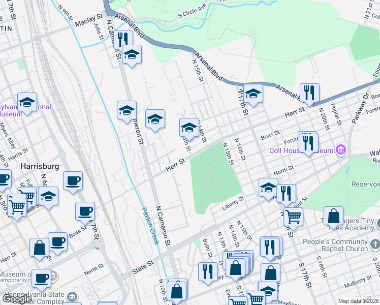 map of restaurants, bars, coffee shops, grocery stores, and more near 1301-1399 Herr St in Harrisburg