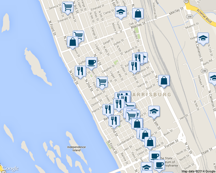map of restaurants, bars, coffee shops, grocery stores, and more near in Harrisburg