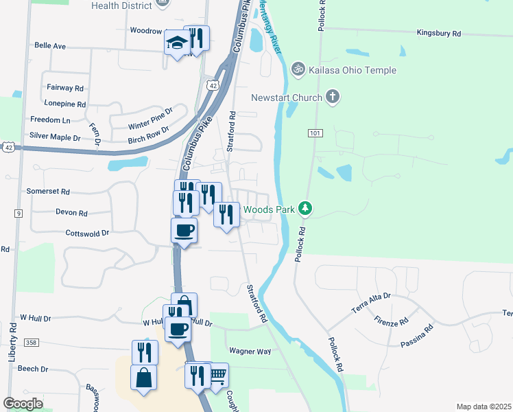 map of restaurants, bars, coffee shops, grocery stores, and more near 1409 Wabash Avenue in Delaware
