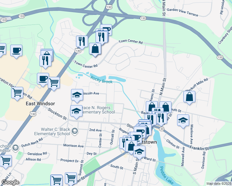 map of restaurants, bars, coffee shops, grocery stores, and more near 209 Greeley Street in Hightstown