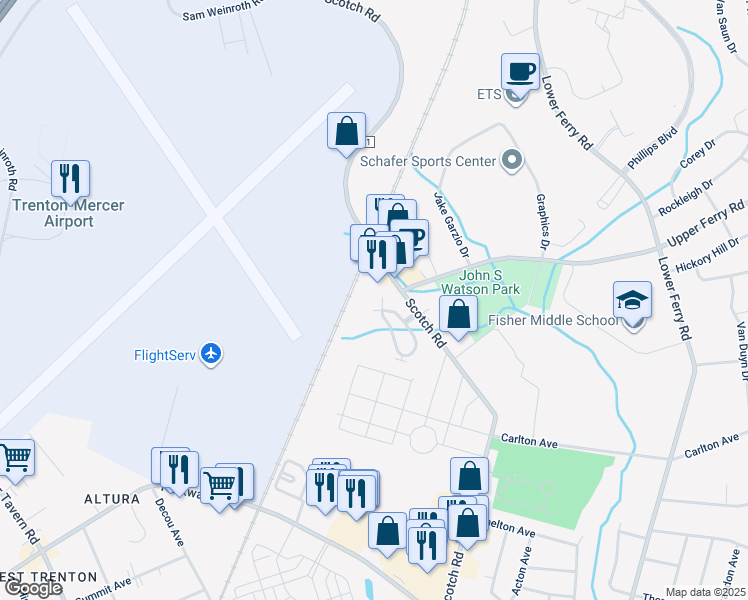 map of restaurants, bars, coffee shops, grocery stores, and more near 97 Kyle Way in Ewing Township