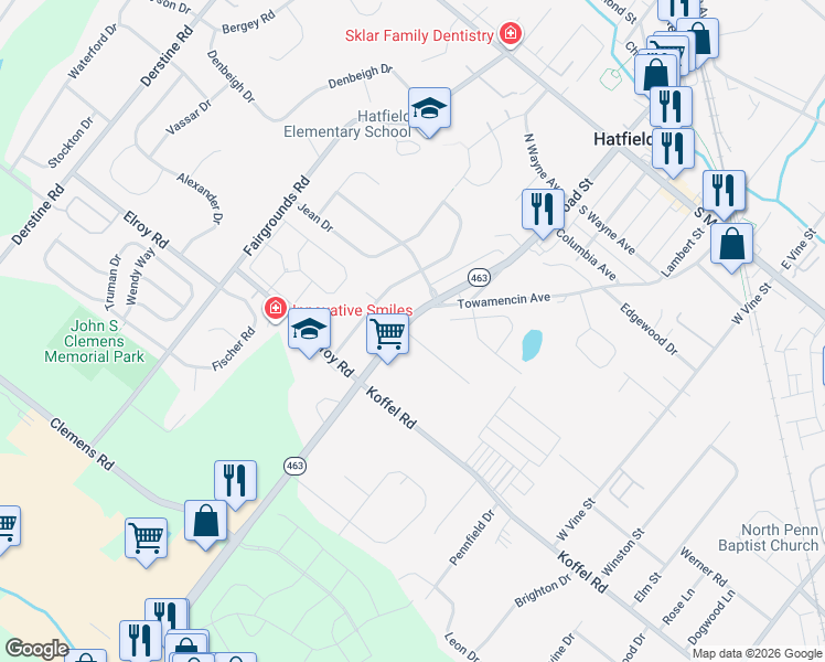 map of restaurants, bars, coffee shops, grocery stores, and more near 2406 Farview Avenue in Hatfield